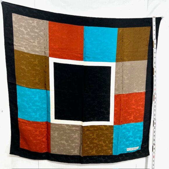 Yves Saint Laurent YSL 100% Silk Satin Scarf 34" Color Block BlackBrown Blue (76 - Picture 4 of 16